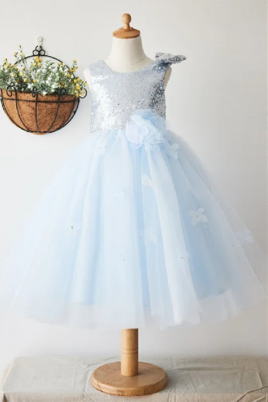 satin midi dressGlitter Baby Blue Sequined Tulle Flower Girl Dress