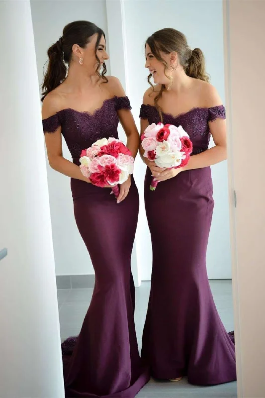 bohemian dressOff Shoulder Mermaid Long Bridesmaid Dress with Lace