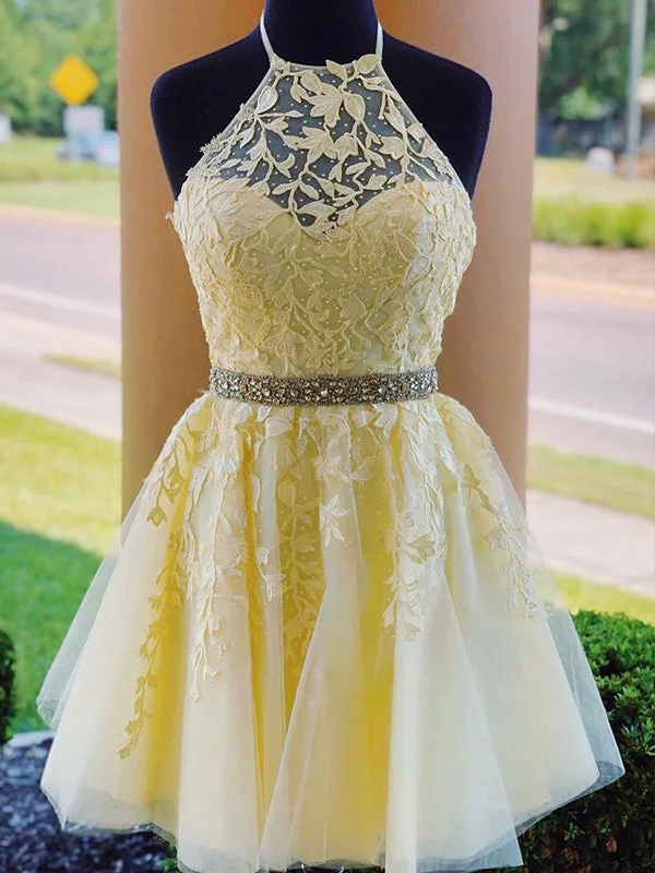 Discount Deals Halter Appliqued Beaded A-line Tulle Cute Homecoming Dress Short Prom Dress AN612 Discount Deals Halter Appliqued Beaded A-line Tulle Cute Homecoming Dress Short Prom Dress AN612