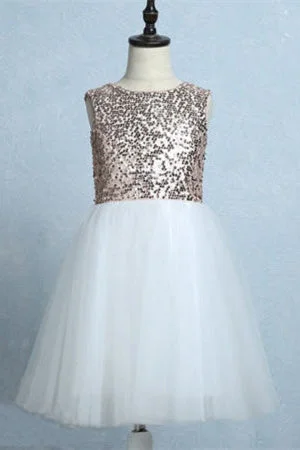 casual dressCute Sequins White Tulle Flower Girl Dress