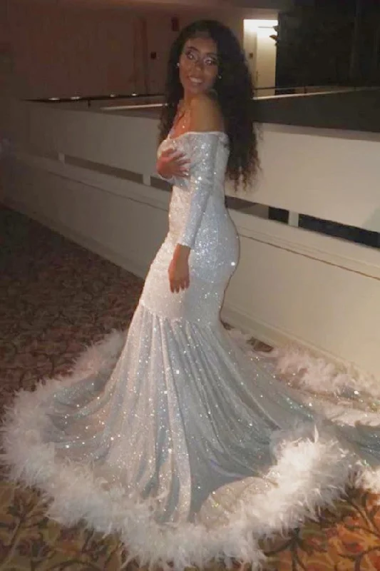 Exclusive Deal Off-the-shoulder Sequins Fur Trim Court Train Mermaid Prom Gowns