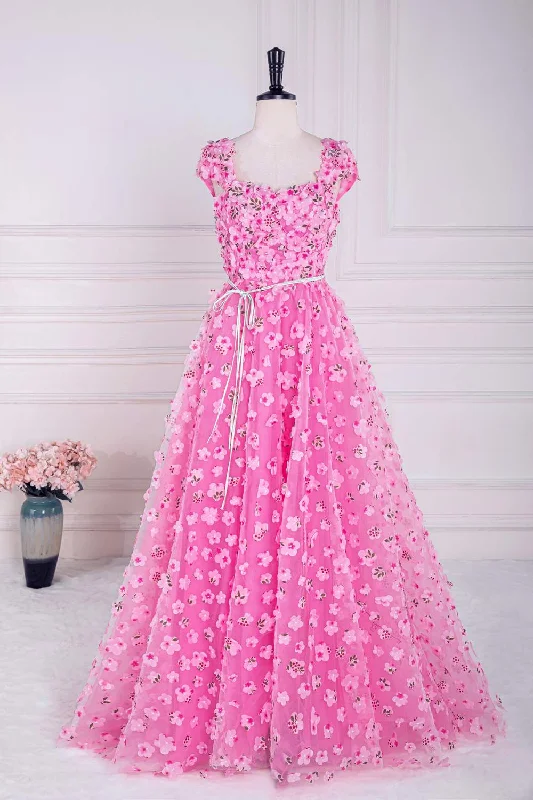 casual summer dressPink 3D Floral Appliques A-line Long Prom Dress with Sash