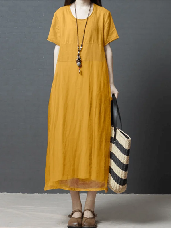 layered dressWomen Solid Color Patchwork round Neck Cotton Midi Dress with Pocket