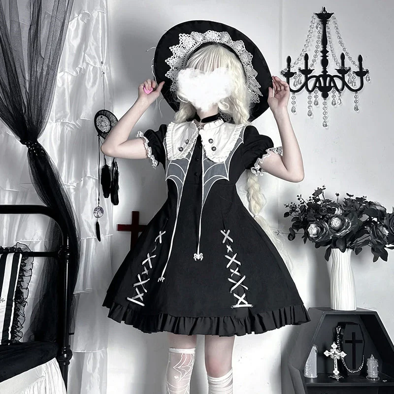 vintage-inspired dressZhiJinYuan~Spider Witch~Gothic Lolita Dark-theme Cobweb Unique OP