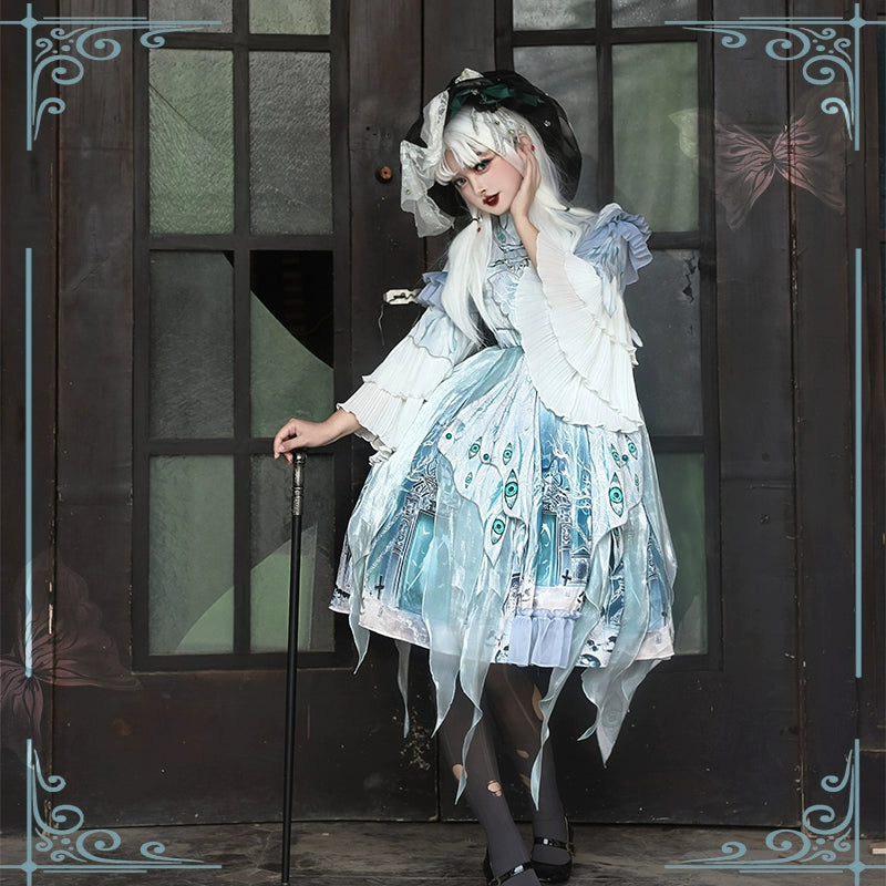 floral dress(BFM)YingLuoFu~Cthulhu Mythos~Halloween Elegant Blue Lolita OP Dress