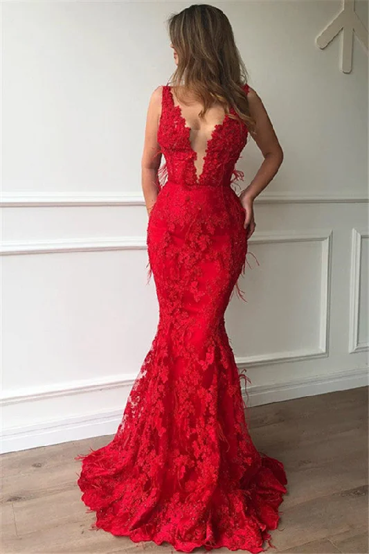 Price Drop Chic Red Mermaid Sleeveless Lace Appliques Evenging Dresses