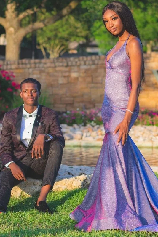 Deal of the Day V-neck Halter Sleeveless Long Train Mermaid Prom Dresses