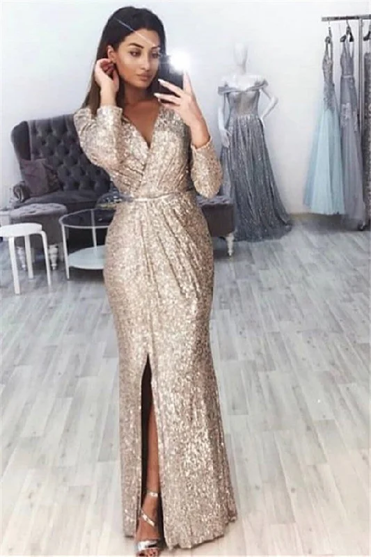 Bargain Prices Chic V-Neck Long Sleevess Front Slipt Mermaid Prom Party Gowns