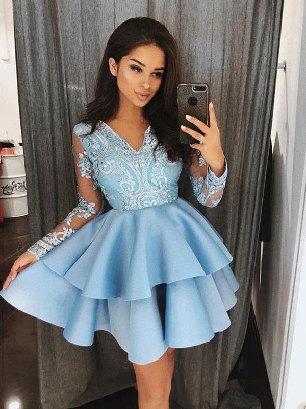Take Advantage Blue Cheap Homecoming Dress with Long Sleeves Appliques V neck Short Prom Party Dress NA6906 Take Advantage Blue Cheap Homecoming Dress with Long Sleeves Appliques V neck Short Prom Party Dress NA6906