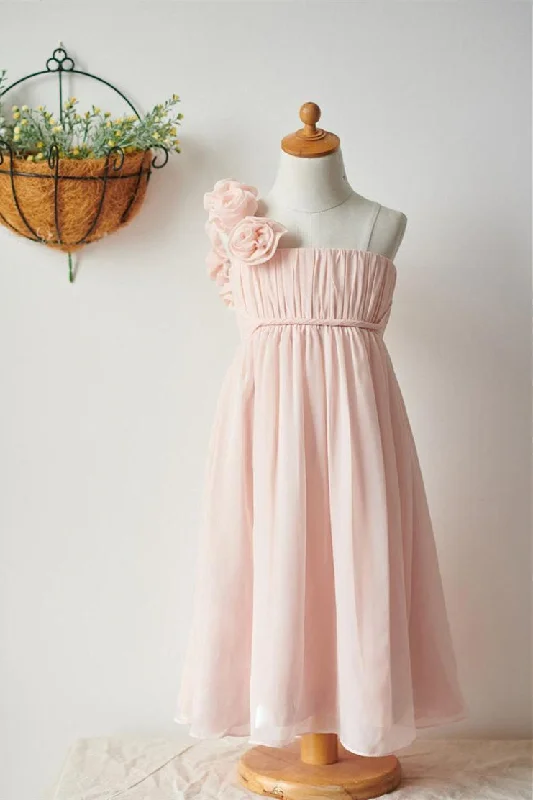 silk dressPearl Pink Pleated Flower Girl Dress with 3D Flowers