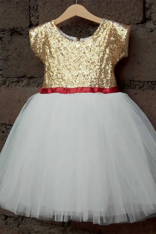 vintage dressGold & White Sequins Tie Back Flower Girl Dress