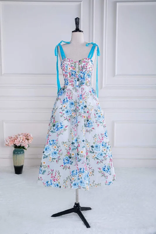 trendy wrap dressBlue and White Floral Bow Tie Straps A-line Tea-Length Prom Dress