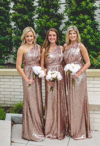 boho-chic dressSparkly One Shoulder Rose Gold Sequins Bridesmaid Dress