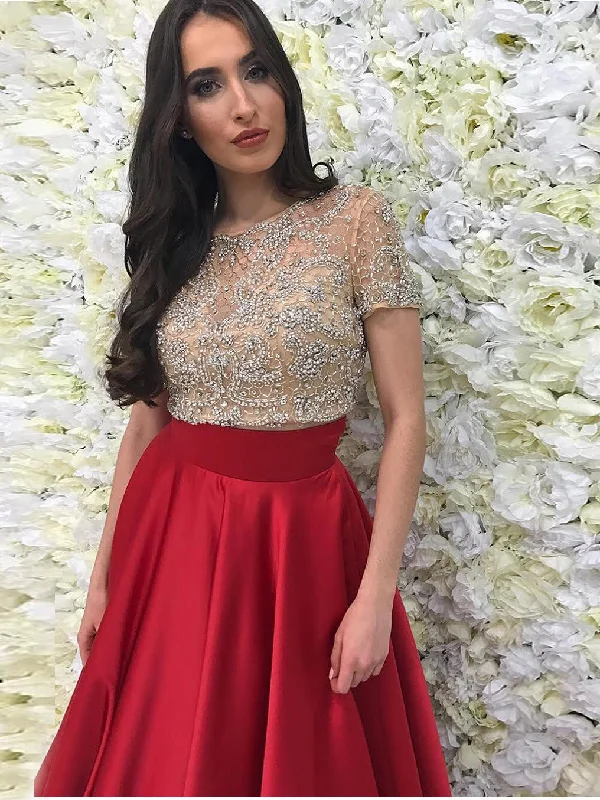 Act Fast Two Piece Prom Dresses Scoop A line Sexy Long Red Prom Dress JKL810