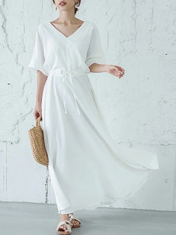 lace-up dressSolid Color V-Neck Drawstring Waist Short Sleeve Maxi Dress