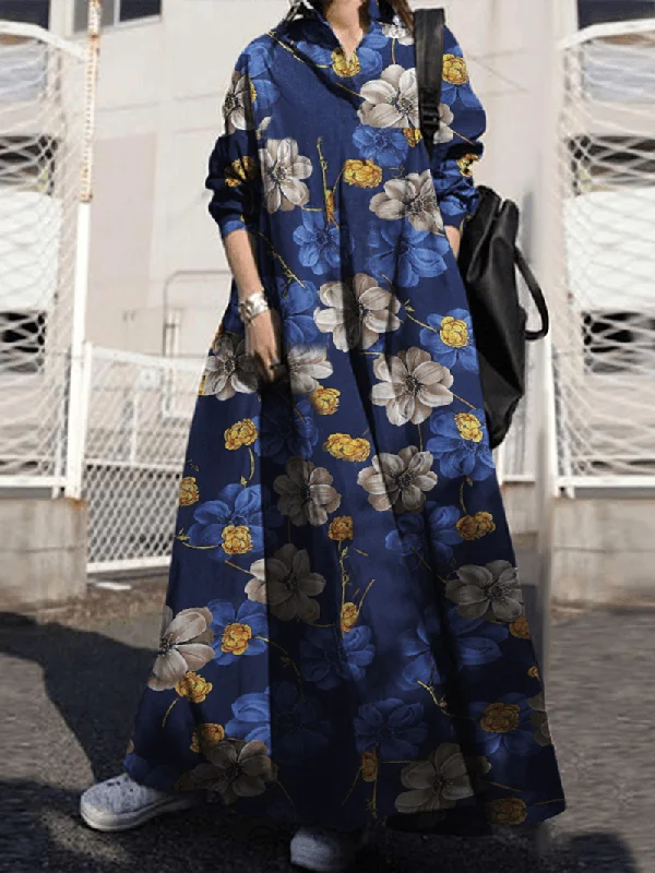 wrap-around dressWomen Floral Printed Cotton Vintage Maxi Dresses with Side Pockets