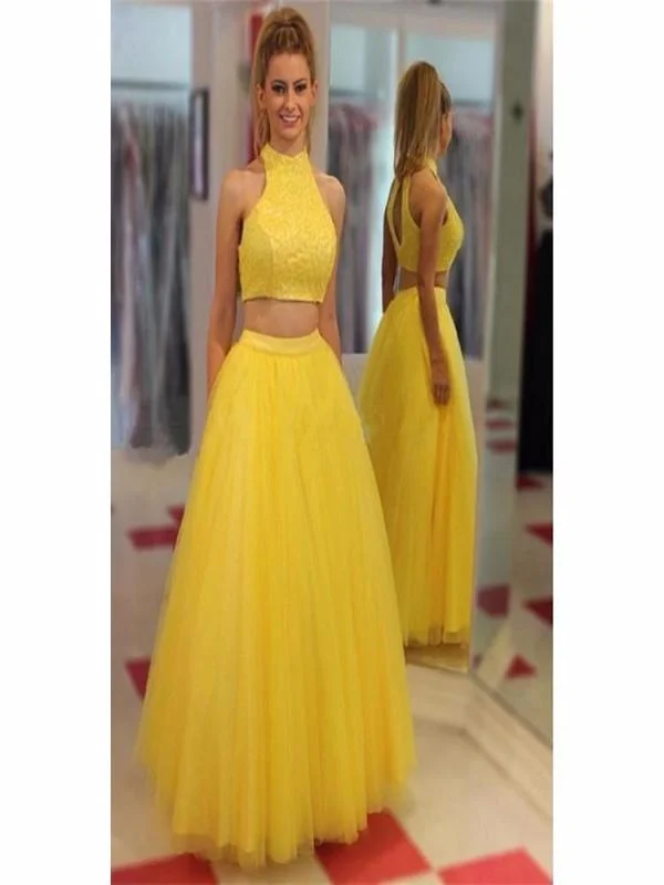 Weekend Deal High Neck Prom Dresses,Yellow Prom Dresses,Two Pieces Prom Dress JW124