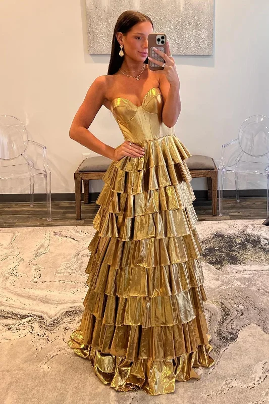 bohemian dressSweetheart Gold A-line Tiered Ruffle Long Formal Dress