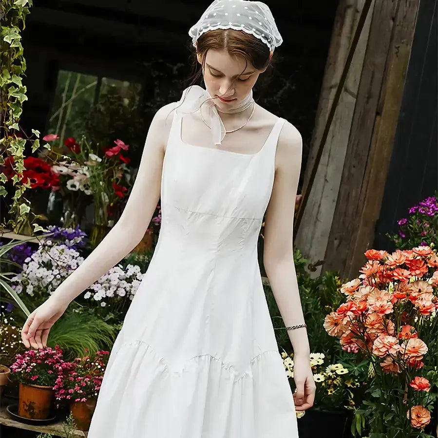 elegant maxi dressFrench White Suspender Long Dress