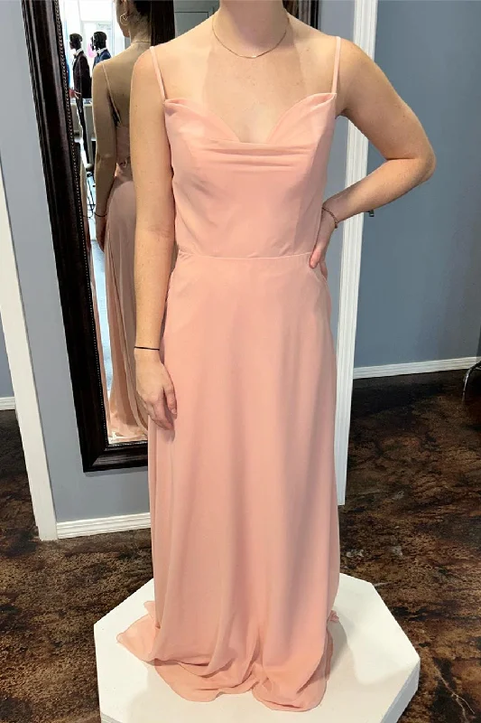 off-the-shoulder dressPink Straps Cowl Neck Chiffon Long Bridesmaid Dress