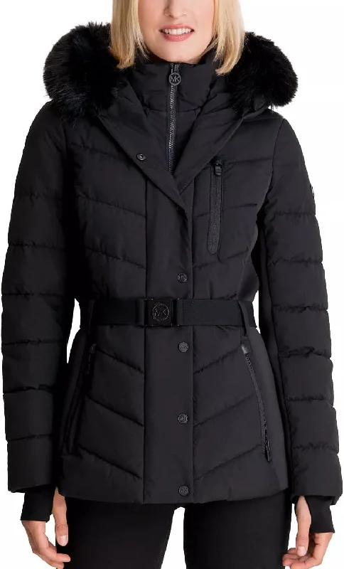 Special Price Michael Michael Kors Women's Faux Fur Belted Scuba Coat, Black, L