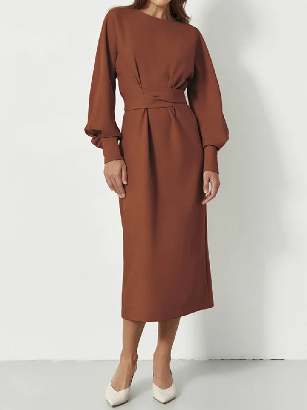 stylish party dressSandy  O-Neck Long Lantern Sleeve Midi Dress