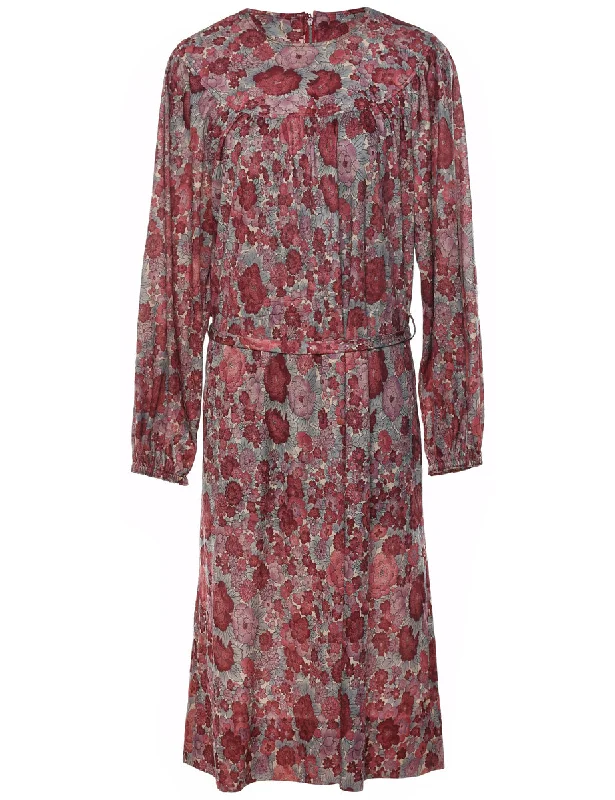 versatile coatFloral Print Grey & Maroon Long-Sleeve Vintage Dress - M