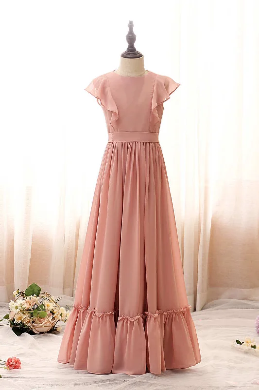 textured dressBlush Pink Crew Neck Cap Sleeve Ruffled Flower Girl Dress