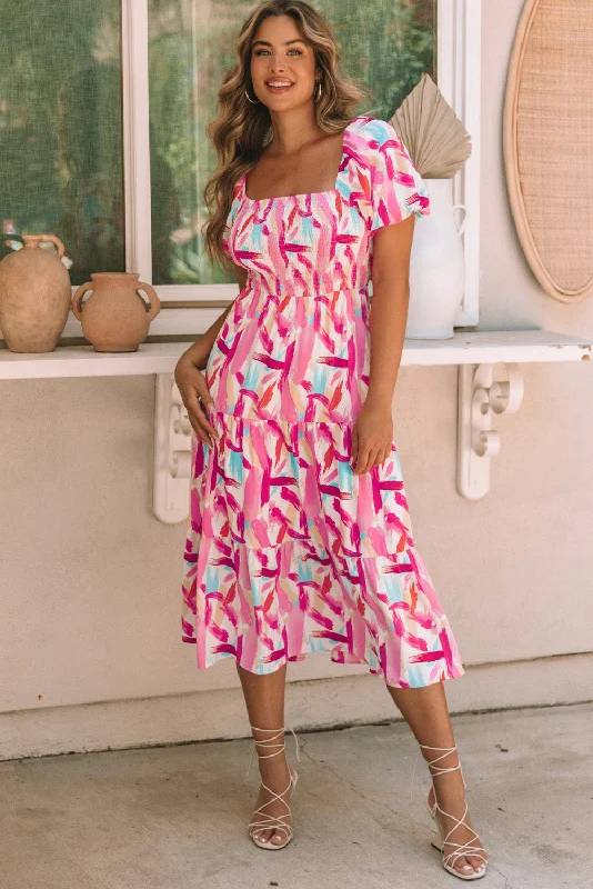 Blowout Deals Pink Brush Stroke Printed Smocked Ruffle Tiered Dress