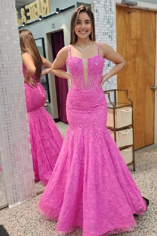 stylish dressPink Mermaid Appliques Lace Plunging V Neck Long Prom Dress