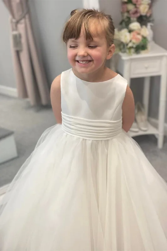 relaxed fit dressWhite Jewel Sleeveless Buttons Long Flower Girl Dress with Bow Tie Back Sash