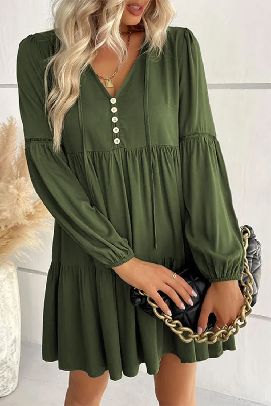 Exclusive Offers Green Lace Puff Sleeve Buttoned Tiered Ruffled Mini Dress
