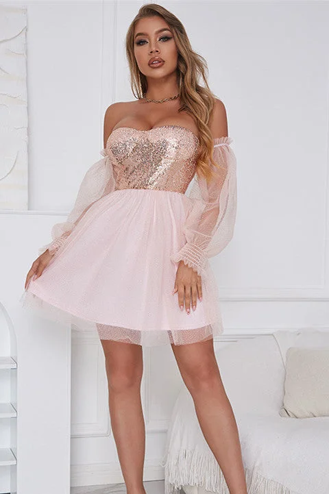 floral dressPink Sweetheart Sheer Sleeves A-Line Cocktail Dress