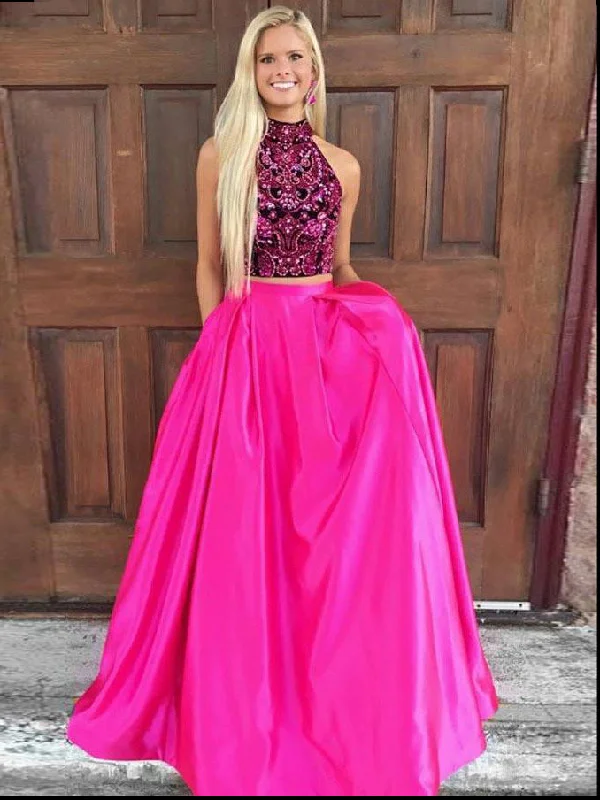 Price Break Two Piece Prom Dresses High Neck A-line Rhinestone Long Fuchsia Sexy Prom Dress JKL787 Price Break Two Piece Prom Dresses High Neck A-line Rhinestone Long Fuchsia Sexy Prom Dress JKL787