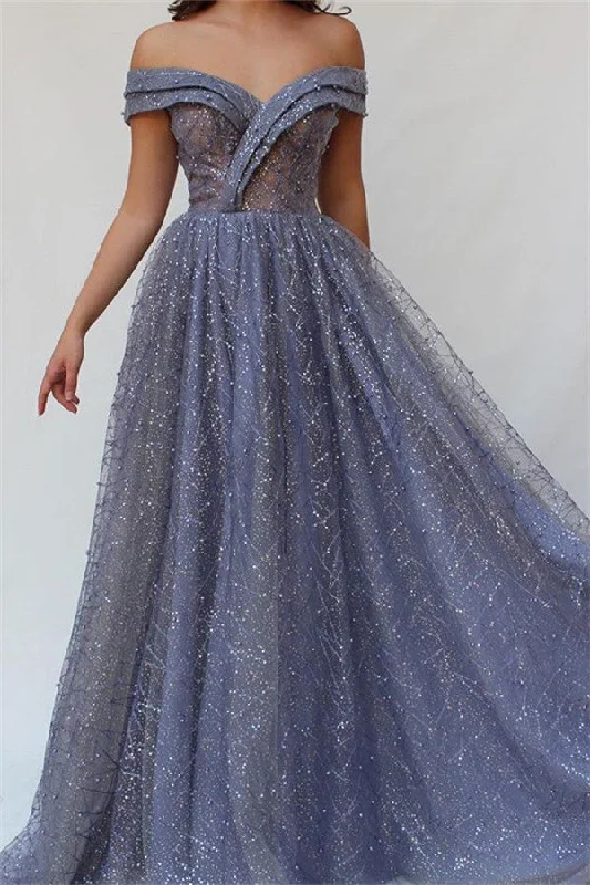 Mega Sale Gorgeous A-Line Off-the-Shoulder Tulle Beaded Prom Dresses