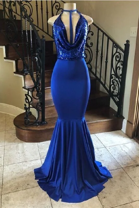 Loyalty Reward Elegant Sequins Halter Floor Length Mermaid Evening Dresses