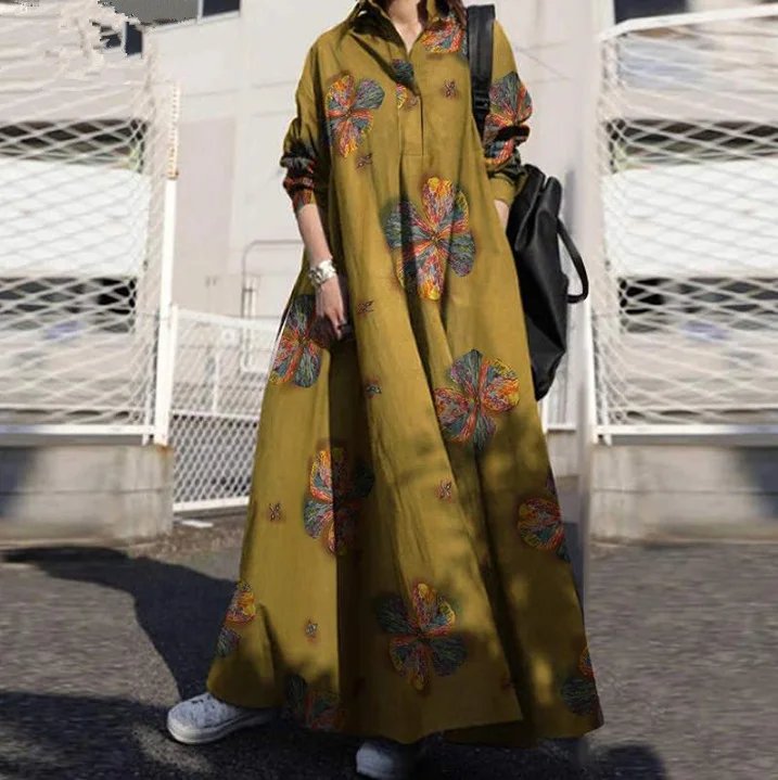 flowy dressWomen Floral Printing V-Neck Long Sleeve Button Holiday Casual Maxi Shirt Dress