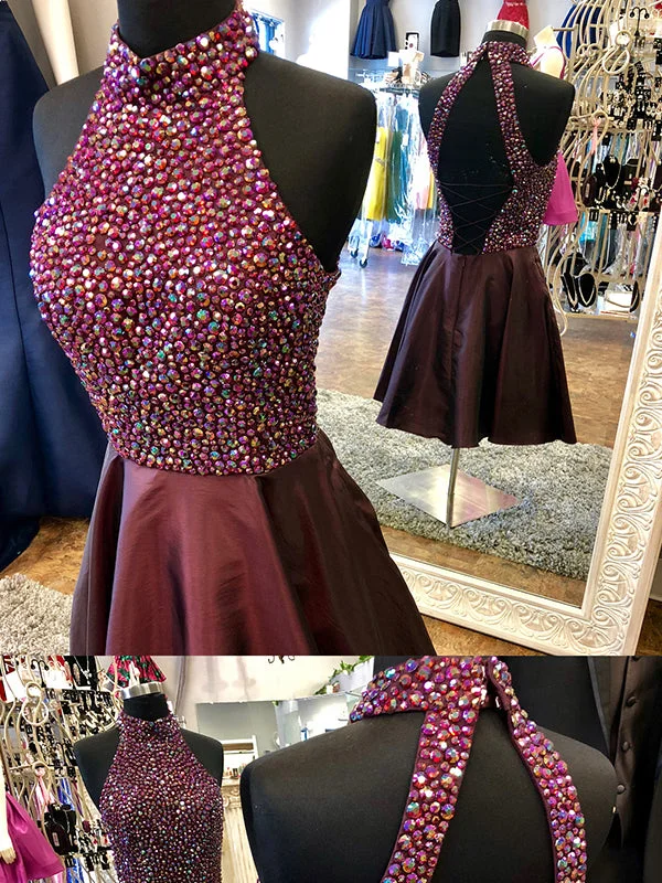 New Deals Grape Satin Halter Colorful Beaded Vintage Homecoming Dress Backless AN334 New Deals Grape Satin Halter Colorful Beaded Vintage Homecoming Dress Backless AN334