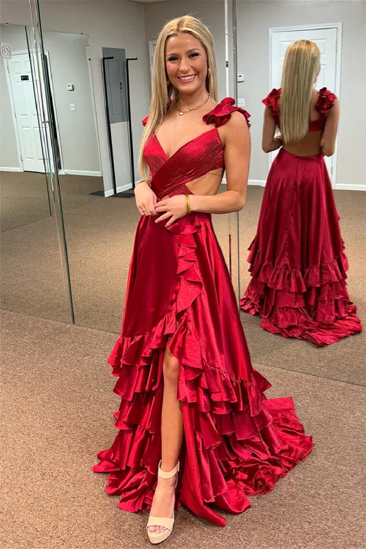 Price Rollback floral dressRed Ruffled Crossed Top Hi-Low Layers Long Prom Dress