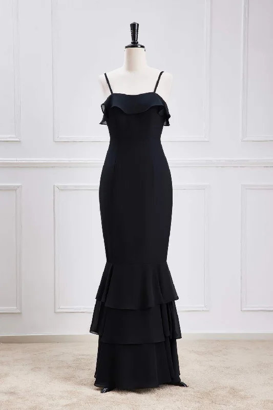 elegant shift dressBlack Ruffled Spaghetti Straps Mermaid Layers Long Bridesmaid Dress