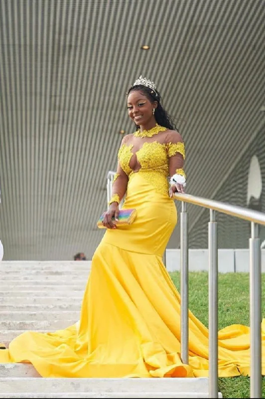 Discount Days Yellow Long Sleeves Mermaid Prom Gowns Sweep Train Appliques