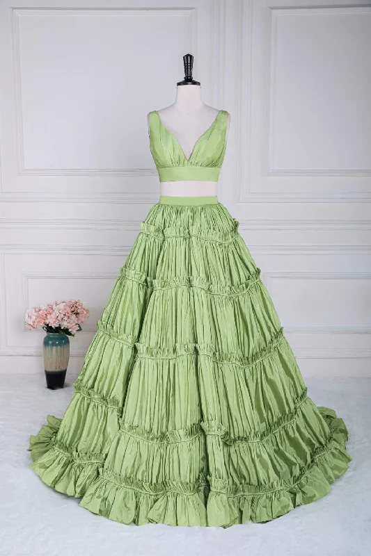 mini dressGreen Two-Picec Ruffled A-line Long Prom Dress