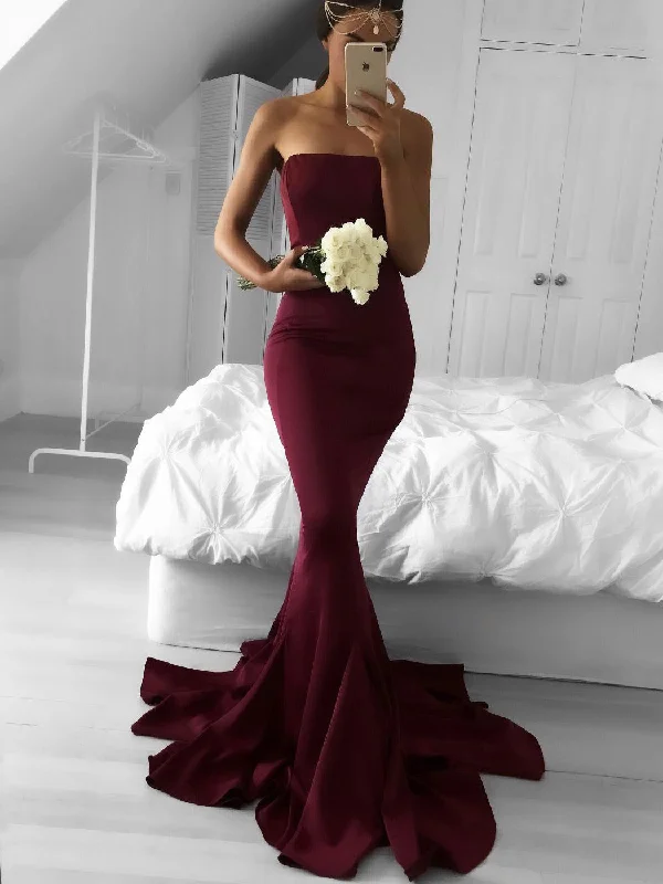 chic slip dressGorgeous Strapless Burgundy Mermaid Long Bridesmaid Dress