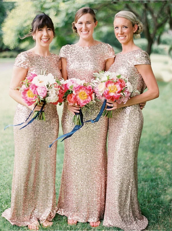 office dressChic Mermaid Long Sequins Rose Gold Bridesmaid Dress With Cap Sleeves