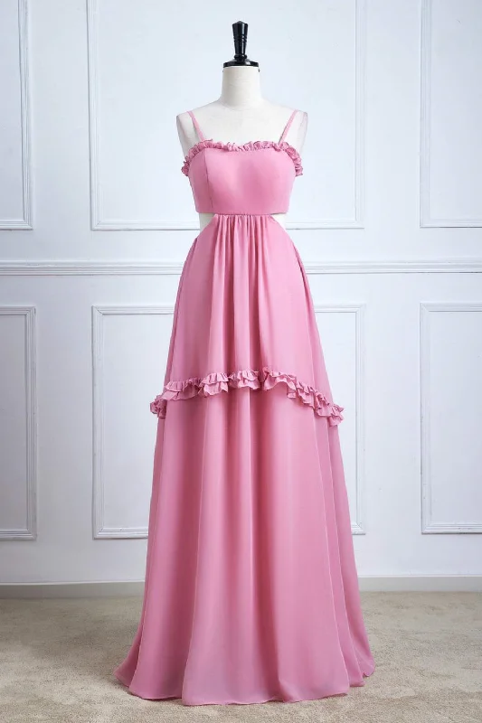 textured dressPink Bow Tie Back Spaghetti Straps Ruffled A-line Bridesmaid Dress