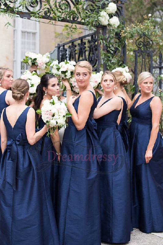 wrap dressA-line V-Neck Navy Blue Long Bridesmaid Dress with Bow