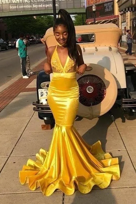 Limited Time Offer V-neck Halter Appliques Draped Yellow Mermaid Prom Dresses