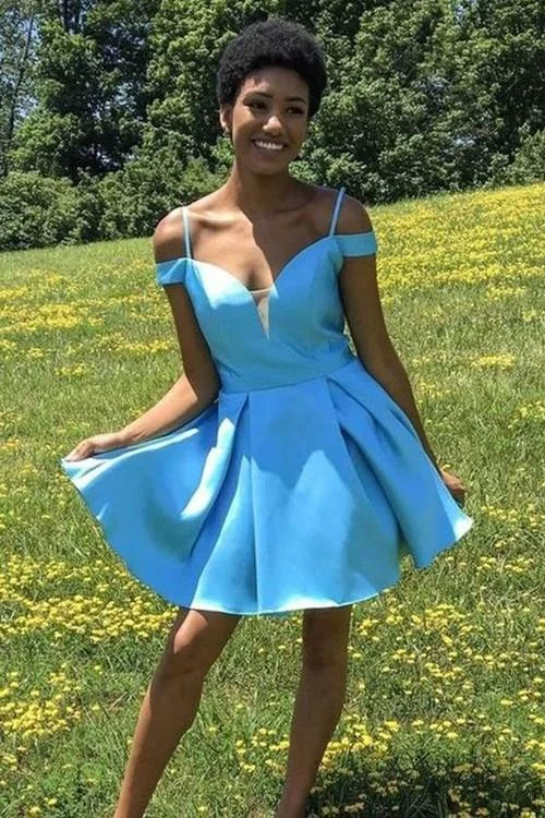 New Deals Plunging Light-blue Satin Homecoming Dress with Supported Straps ANN5508
