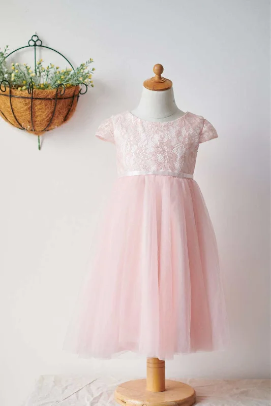 chic shift dressAdorable Pearl Pink Lace Flower Girl Dress