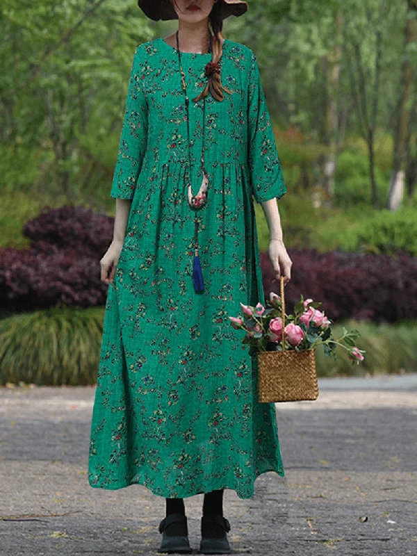 high-waisted dressWomen Vintage Flowers Print O-Neck 3/4 Sleeve Casual Holiday Maxi Dress